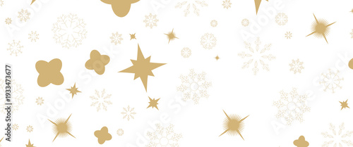 Seamless Christmas gold snowflakes and stars pattern isolated on transparent background. Vector snow New year pattern.