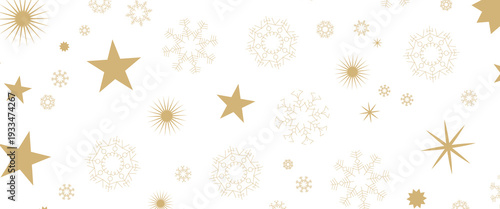 Seamless Christmas gold snowflakes and stars pattern isolated on transparent background. Vector snow New year pattern.