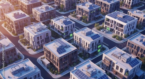 An aerial view of a futuristic neighborhood powered by an AI-driven microgrid, integrating solar panels and battery storage for sustainable living, energy, microgrid, infrastructure