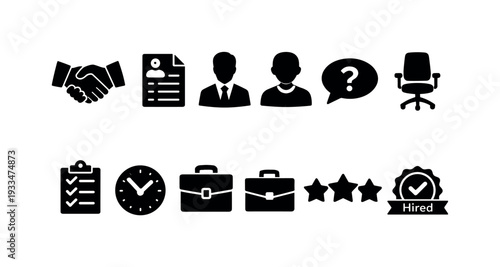 Job interview silhouette icon set. hiring, recruitment, career, business symbols collection