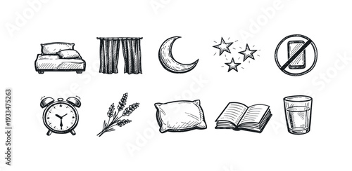 Sleep, bedtime outline icon set. nighttime, rest icon collection with line art style