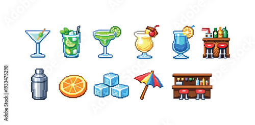 Cocktail drinks icon set. vibrant pixel icons for cocktails, beverages collection.