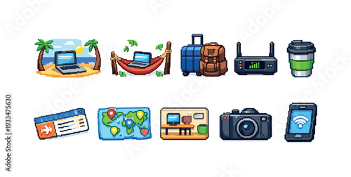 Travel and technology pixel icon set. vacation, connectivity pixel art style collection