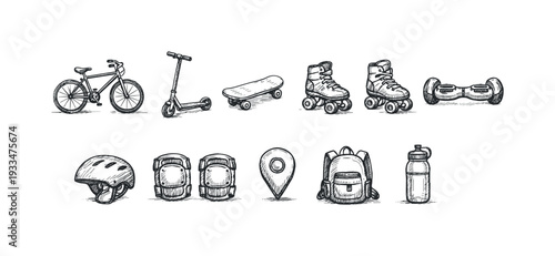 Outdoor activity, recreation linear icon set. cycling, skateboarding, roller skating icons