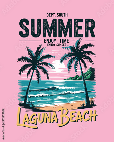 Summer vacation in laguna beach, tropical landscape with palm trees, vector illustration