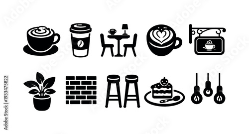 Coffee shop silhouette icon set. café, drinks, dessert, and decor icons collection.