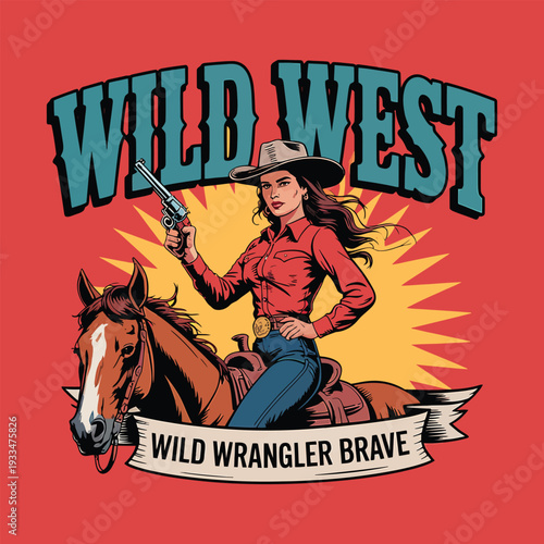 Wild west cowgirl riding horse with pistol, brave woman vector illustration design