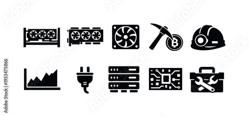 Cryptocurrency mining solid icon set. blockchain, hardware tools solid collection.