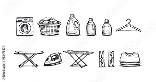 Laundry and housekeeping doodle icon set. washing, cleaning outline icons collection