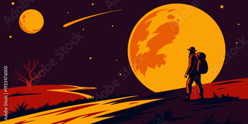 Astronomer silhouette with telescope watching planet at sunset landscape. Space exploration concept vector for discovery, research, science campaign and cosmic adventure themes.