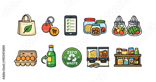 Zero waste lifestyle icon set. eco-friendly, reusable items outline icons collection