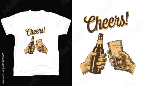 Cheers toast with beer bottle and glass illustration, two hands vector