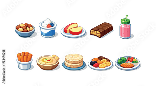 Snack and food flat icon set. appetizing icons collection for healthy eating