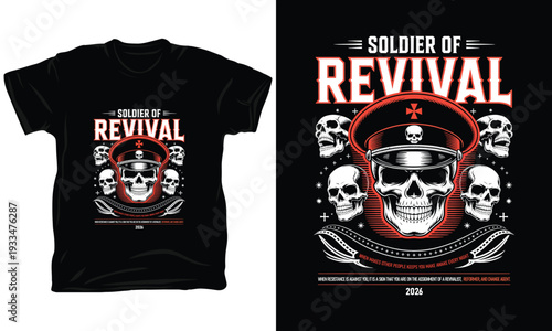 Soldier of revival skull vector illustration with military hat and decorative elements art