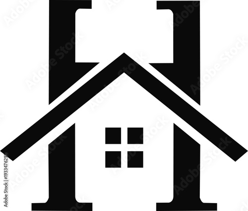 Minimal black silhouette icon featuring house roof integrated with letter H. Suitable for real estate concepts, property services, housing projects, and construction branding elements.