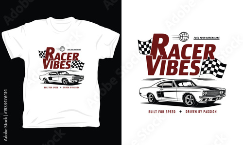 Racing car vector illustration for apparel featuring classic muscle automobile and flags