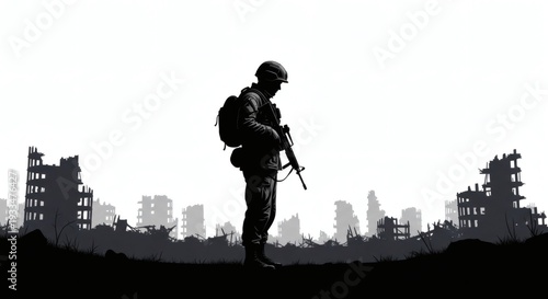 a soldier with the destruction of war in the background