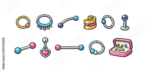 Piercing jewelry icon set. body, earring, jewelry icons outline collection.