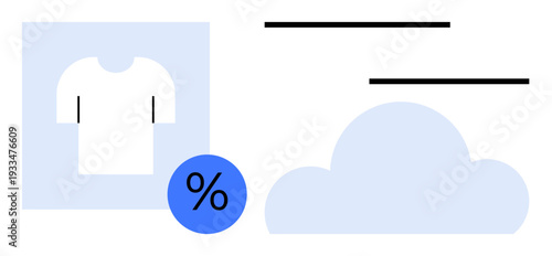 T-shirt icon, percentage symbol, cloud graphic, and three abstract lines. Ideal for online shopping, e-commerce, discounts, cloud storage, fashion industry data management and digital marketing
