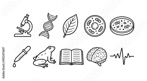 Science and education outline icon set. biology, chemistry, learning linear collection