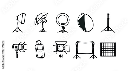 Photography equipment line icon set. camera, lighting, studio tools outline collection.