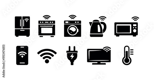 Smart home solid icon set. appliances, wi-fi, connectivity, energy icons collection