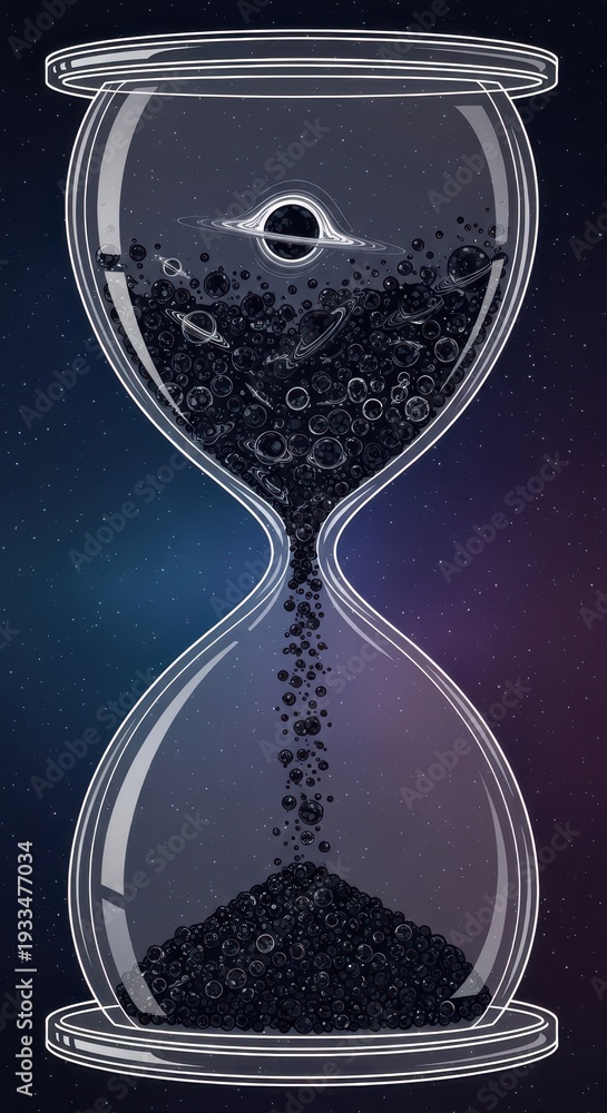Fototapeta premium Cosmic hourglass illustrates the passage of time with celestial objects falling toward a singularity