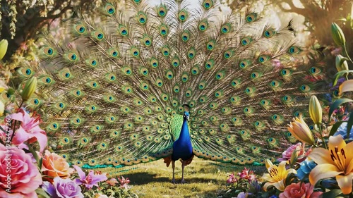 Majestic Peacock Displays Vibrant Feathers Amidst Lush Floral Garden.