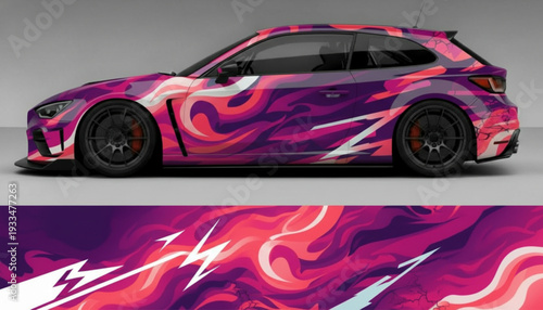 Side view of a modern sports car with a vibrant abstract purple and pink graphic vinyl wrap design, showcasing the full pattern below.