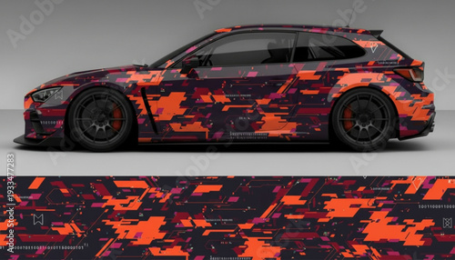 Modern sporty car showcasing a vibrant orange and purple digital camouflage vinyl wrap design.