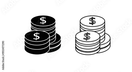 Black and white coins stacks with dollar sign Vector