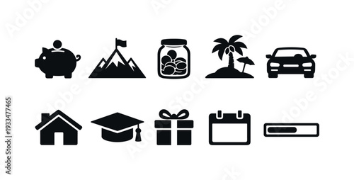 Finance and travel solid icon set. savings, vacation, home icons solid collection