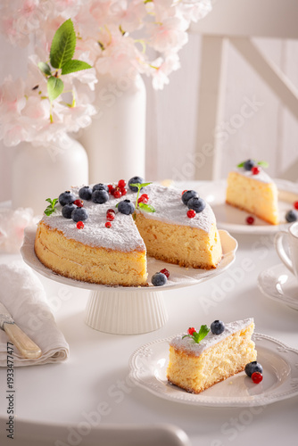 Homemade Basque cheesecake served with blueberries and raspberries.