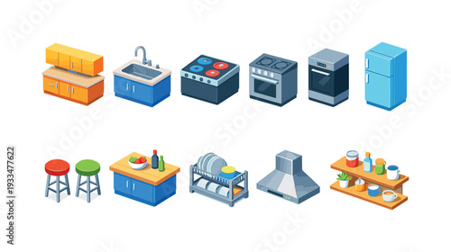 Kitchen appliances icon set. 3d icons of fridge, stove, and cabinets in vibrant style.