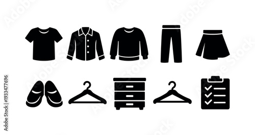 Clothing and wardrobe solid icon set. apparel and organization silhouette collection