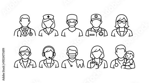 Medical professionals outline icon set. healthcare, doctor, nurse line art collection