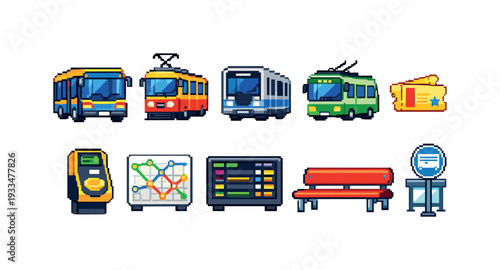 Transport pixel art icon set. city, vehicle, ticket, map, urban, flat icons collection