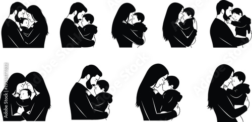 Set of beautiful black and white silhouettes featuring loving parents gently hugging and holding their cute little babies.