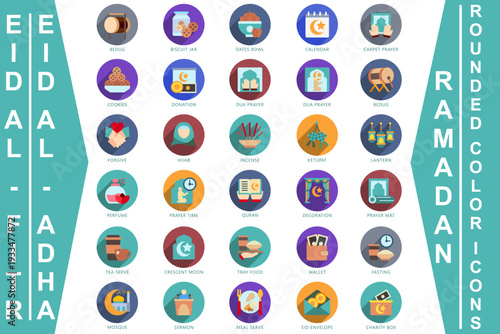Eid Al - Fitr Rounded Color icons set. contain wallet, meal serve, hijab, tea serve, tray food, tasbih beads, fasting and more. Vector for modern concept, print, UI, UX kit, web and app development.