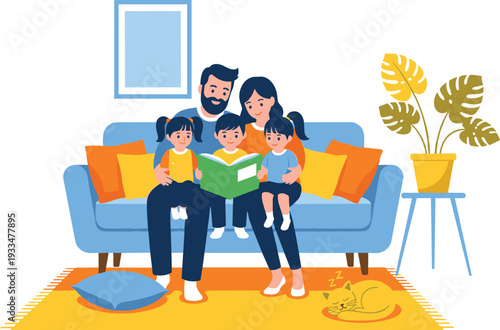 Happy family sitting together on a comfortable sofa reading an interesting book with children in living room vector illustration.