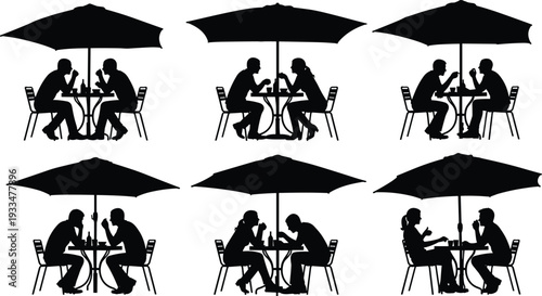 Set of black silhouette vectors featuring romantic couples sitting together at outdoor cafe tables under umbrellas enjoying refreshing drinks.