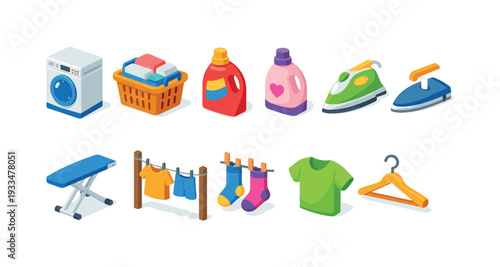 Laundry and cleaning 3d icon set: detergents, appliances, clothing care