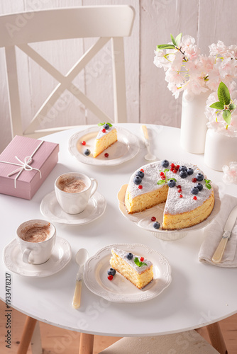 Homemade Basque cheesecake arranged on white porcelain and table.