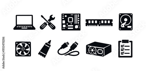 Computer hardware silhouette icon set. digital components & tools silhouette collection.