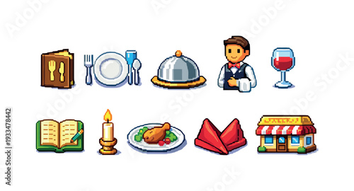 Restaurant, dining pixel icon set. culinary, food, beverage icons pixel collection