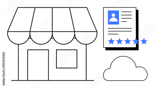 Small shop with an awning, customer review document featuring stars and a profile photo, and a cloud storage icon. Ideal for small business, reviews, data storage, e-commerce, digital marketing