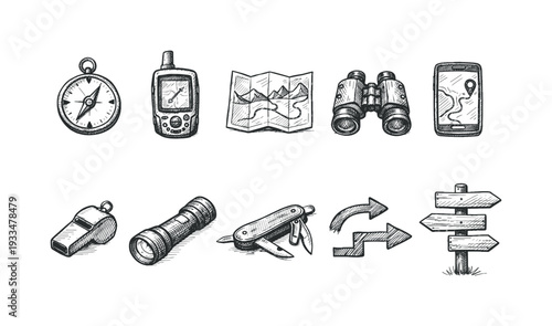 Navigation and travel sketch icon set. compass, map, gps tools outline collection