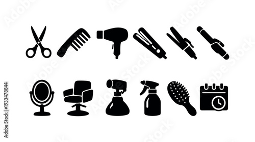 Hair salon silhouette icon set. styling, grooming tools collection for beauty professionals