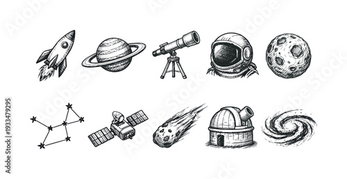 Space exploration linear icon set: asteroids, telescope, astronaut outline icons