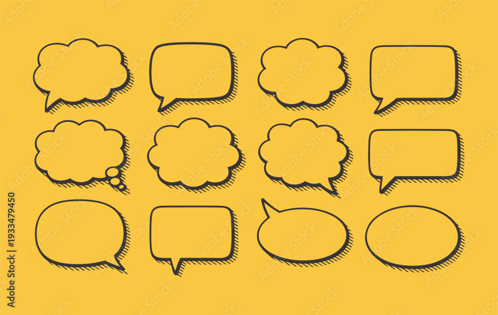 Obraz premium Speech bubbles in various shapes and styles with shadows on a yellow background